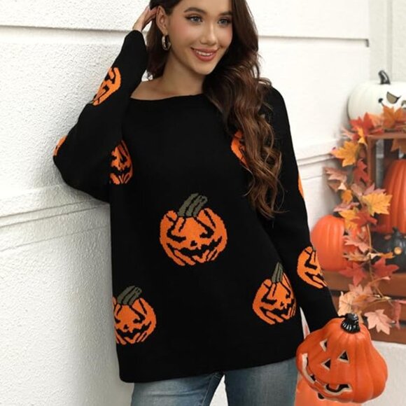 NEW VIMPUNEC Women's Oversized Sweater Pumpkin-black XL - Picture 1 of 11